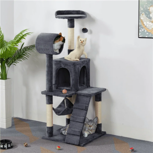 51" Charcoal Grey Cat Tower with Hanging Bed, Scratcher, and Interactive Ball - Fun Pet Haven