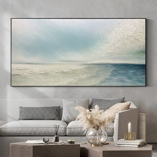 Tranquil Coastal Serenity Hand-Painted Oil Painting: Sandy Beach and Blue Sky Art