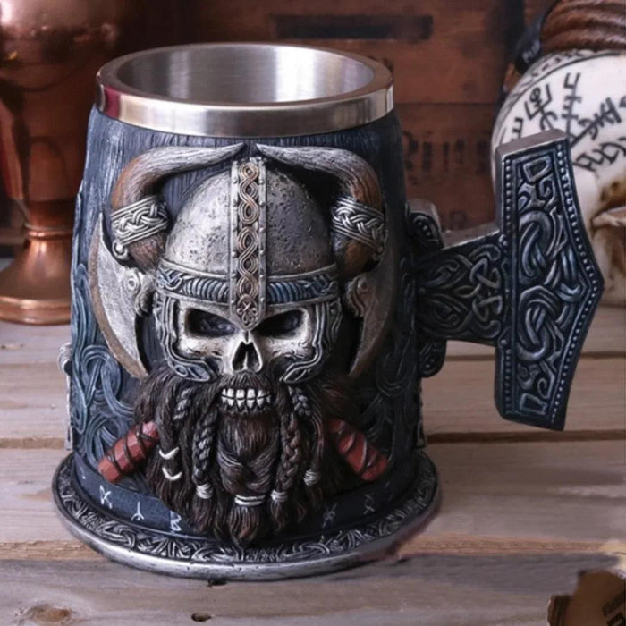 Skull Viking Pirate Resin Steel Tankard - Multi-Purpose Drinking Vessel and Decorative Accent