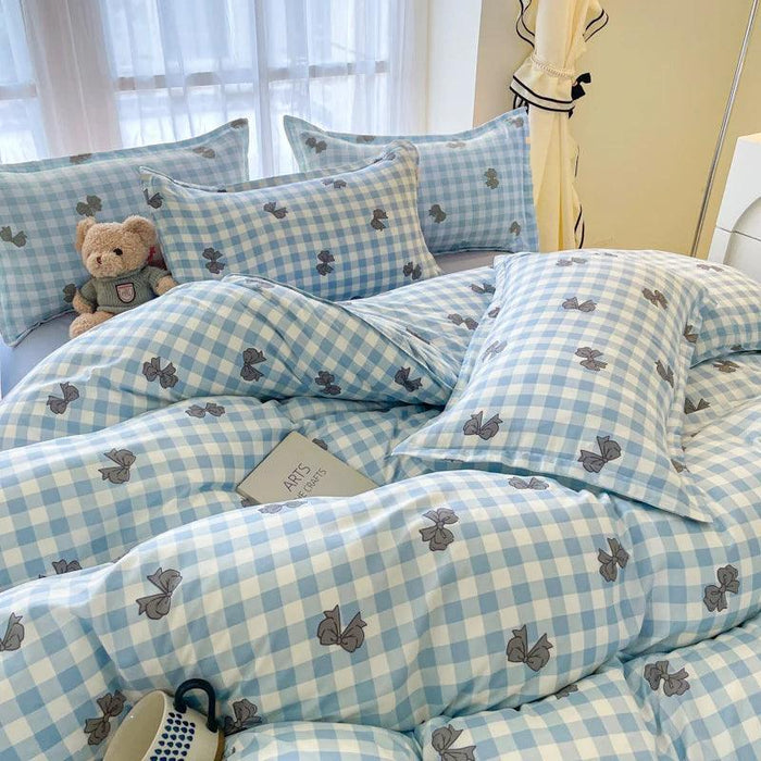 Korean Style Blue Plaid Duvet Cover Set for Kids