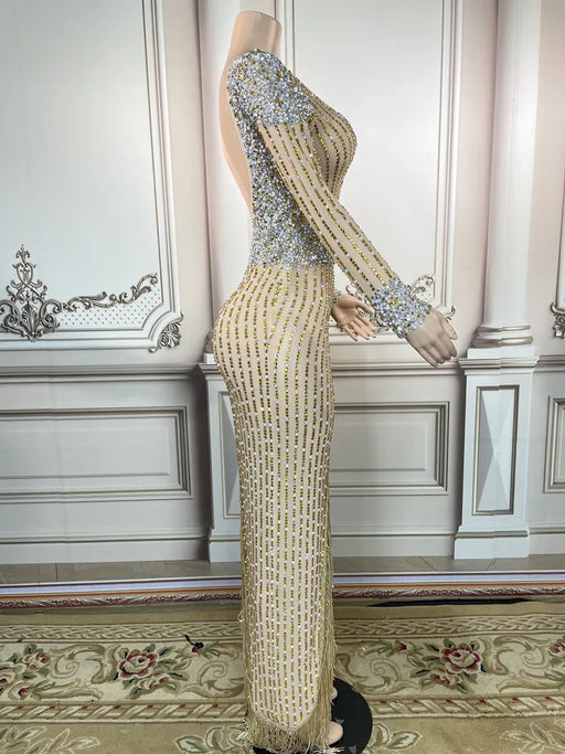 Shimmering Gold Diamond Tassel Prom Gown for Women in Dubai and Saudi Arabia