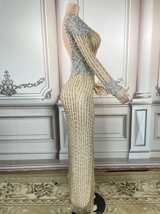 Glamorous Golden Diamond Tassel Evening Gown for Unforgettable Nights in Dubai and Saudi Arabia