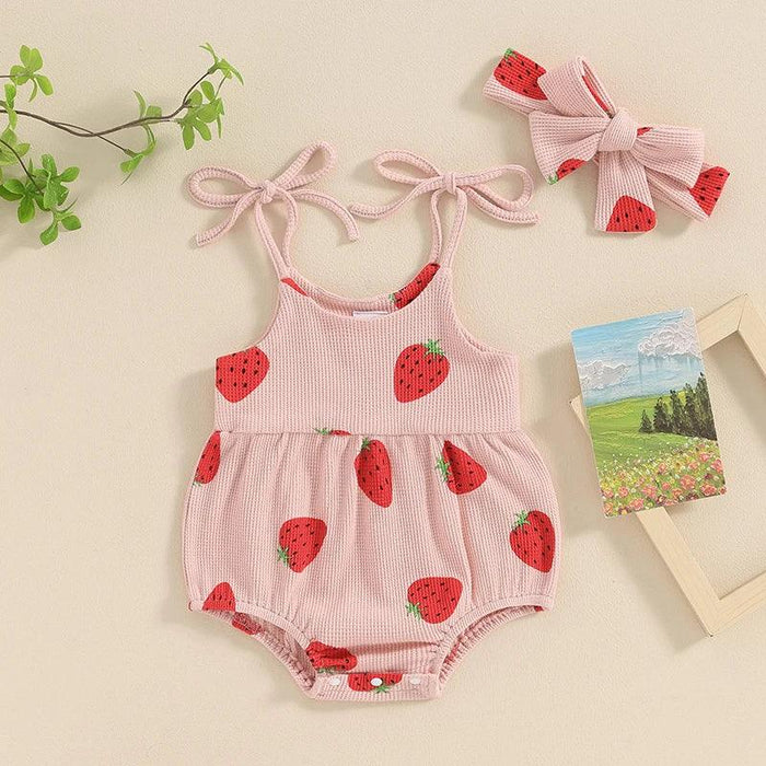 Charming Strawberry Print Summer Romper and Headband Set for Baby Girls (3-24 Months)