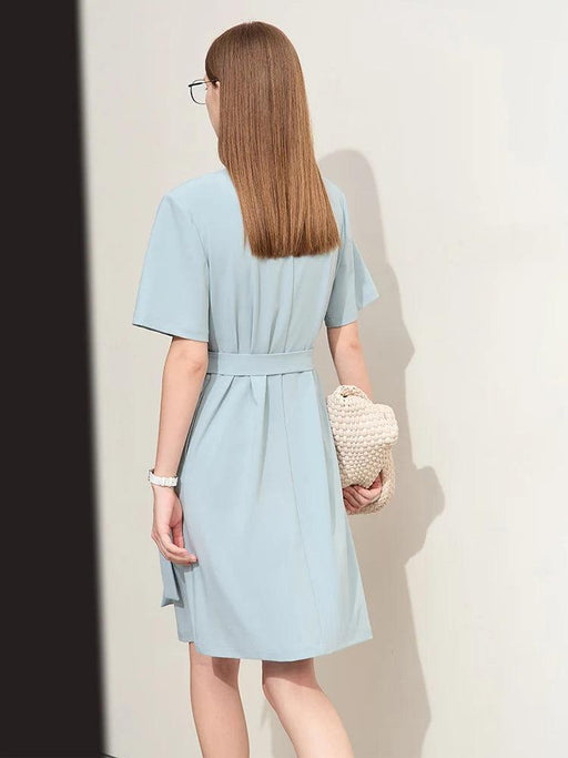 Summer Women's Elegant V-neck A-Line Dress with Adjustable Waist Belt in Soft Morandi Shades