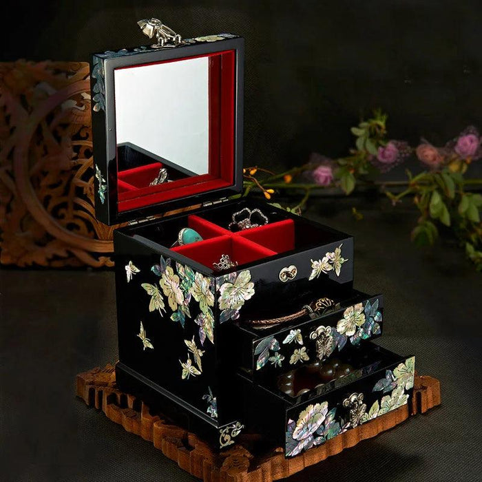 Handcrafted Mother-of-Pearl Jewelry Box with Enchanting Butterfly and Peony Design - Ideal for Storing Bangles and Keepsakes