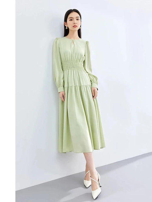 Elegant Light Green Puff Sleeve Midi Dress - Spring Pullover Round Neck for Women 2024