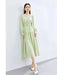 Elegant Light Green Puff Sleeve Midi Dress - Spring Pullover Round Neck for Women 2024