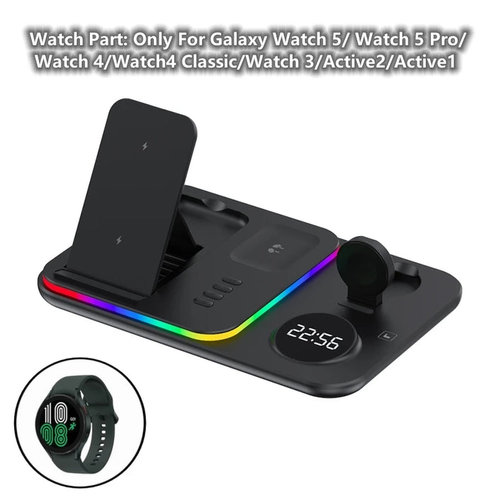 Multi-Device 5-in-1 Wireless Charging Station with RGB LED Display for Apple Watch, AirPods, iPhone, Galaxy Watch, and Samsung - Fast Charging with Time Functionality