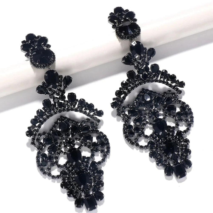 Glamorous Black Crystal and Rhinestone Dangle Earrings - Luxurious Statement Accessory