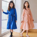 Girls' Spring Autumn Button-Up Dress in Solid Blue and Pink for Ages 6-16