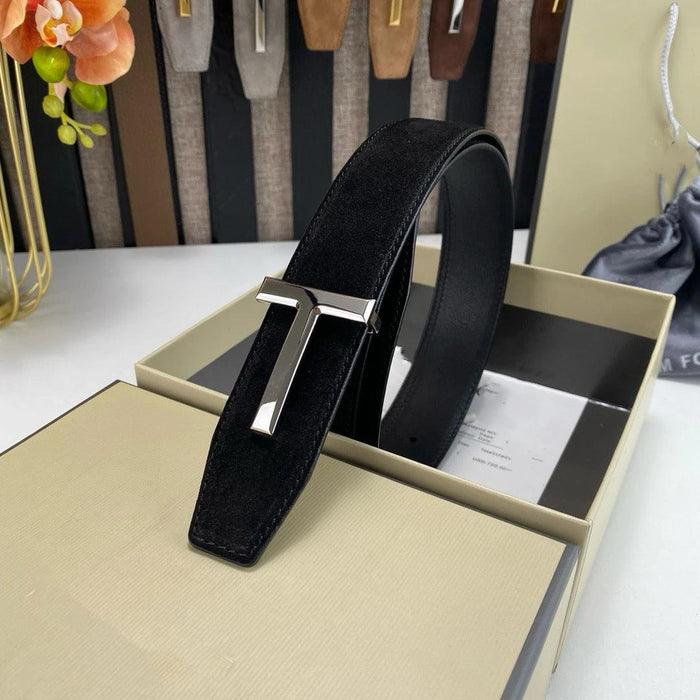 Elegant Grey Leather Belt with Classic Brass T Buckle - A Must-Have for Men