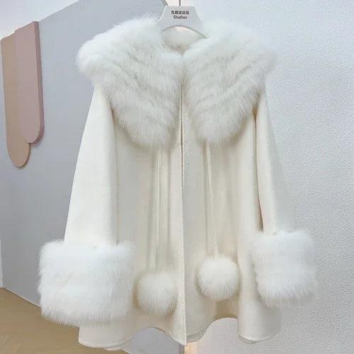 Luxurious Fox Fur-Trimmed Wool Cape - A Chic Blend of Comfort and Style