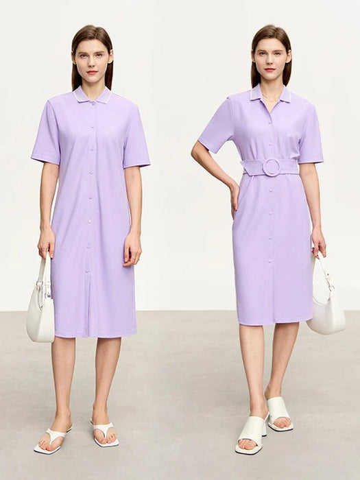 Elegant Minimalist Summer Dress with Belted Waist and Collar for the Contemporary Woman