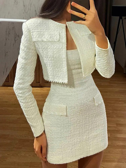 Chic Autumn Duo: Pearl-Embellished Long Sleeve Coat and Strapless Mini Dress Set