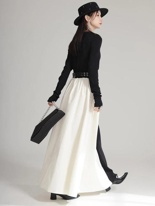 Chic Black Color-block Floor-Length Dress with V-Neck and Long Sleeves