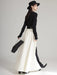 Chic Black Color-block Floor-Length Dress with V-Neck and Long Sleeves