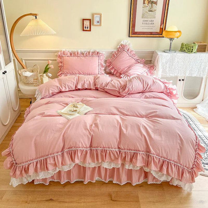 Chic White and Pink Ruffled 100% Cotton Girls' Duvet Cover Set with Pillowcases - Soft and Stylish Bedding