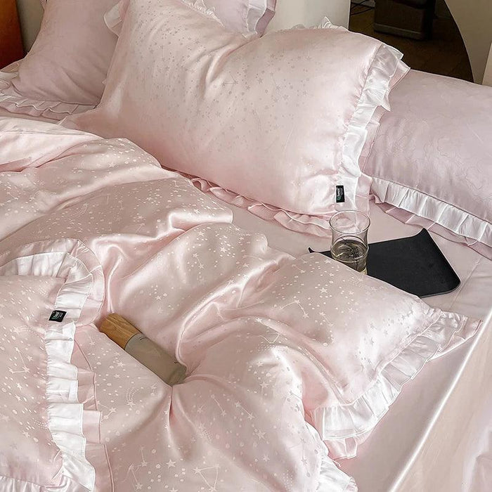 Luxurious Blush Lyocell Silky Princess Bedding Ensemble with Jacquard Ruffles - Duvet Cover, Flat Sheet, Fitted Sheet, and Pillowcases