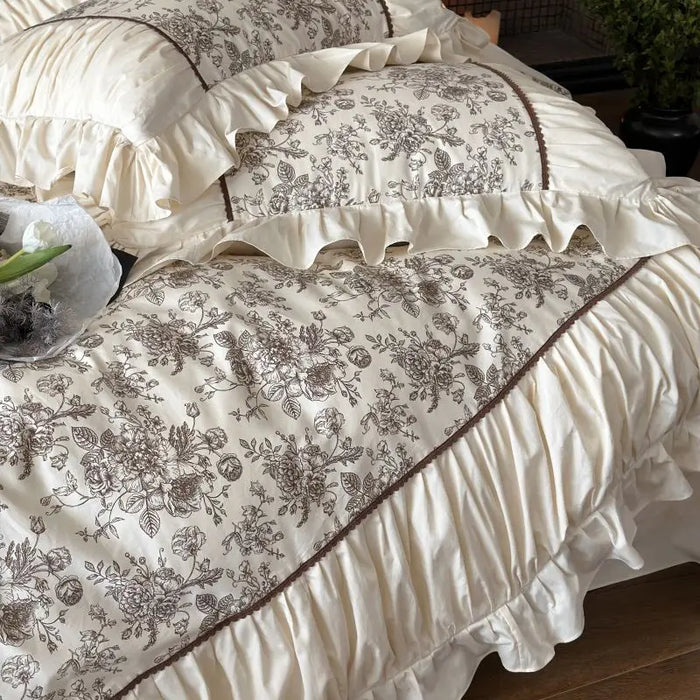 Elegant Beige Floral Ruffled Cotton Bedding Set – 4-Piece Duvet Cover, Sheet, and Pillowcases