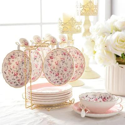 Charming English Tea Time Set: Luxurious Bone China Cups with Elegant Ceramic Plates