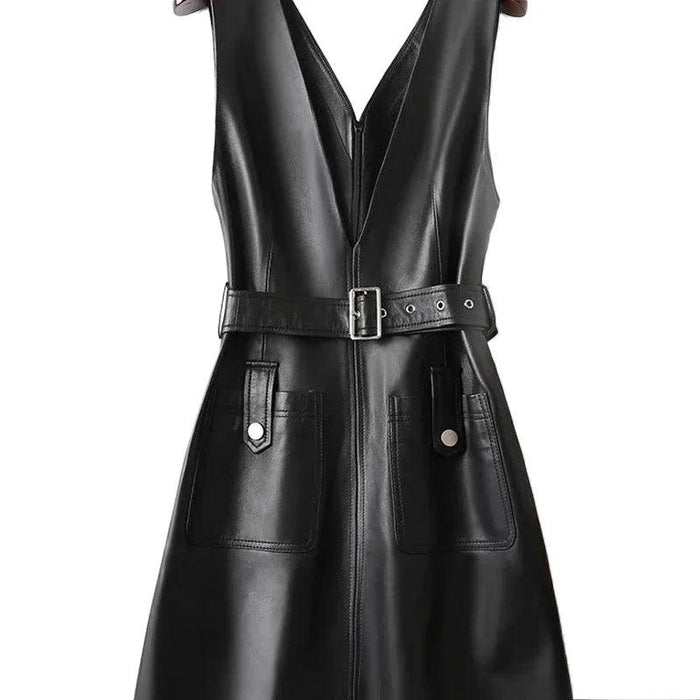 Sleek Black Faux Leather V Neck Sleeveless Midi Dress with Pockets - Customizable