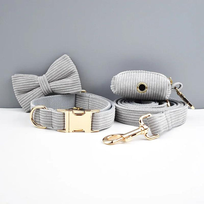 Personalized Light Grey Corduroy Dog Collar and Leash Set with Stylish Accessories