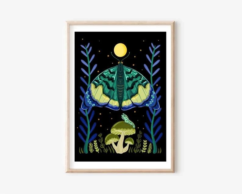 Enchanting Insect Canvas Art: Vibrant Moth and Golden Beetle Decor for a Playful Home