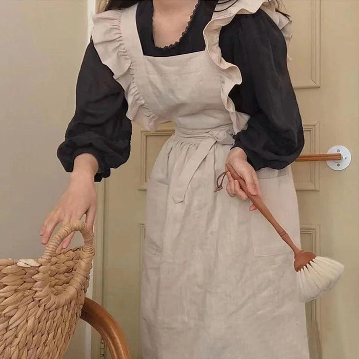 Chic Floral Ruffle Kitchen Apron for Women - Luxurious Japanese Washed Cotton Linen