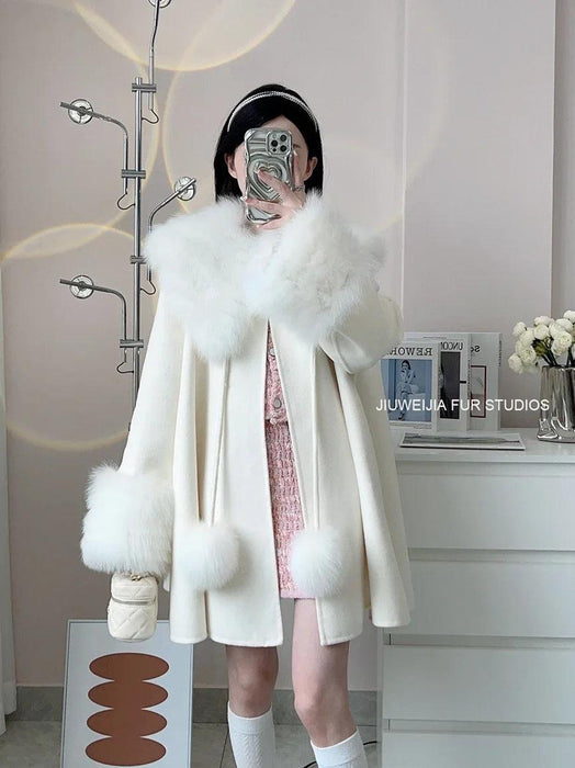 Luxurious Fox Fur-Trimmed Wool Cape - A Chic Blend of Comfort and Style