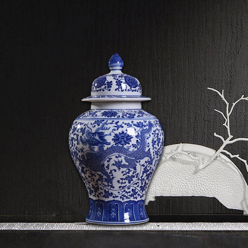 Blue and White Ceramic Floral Storage Vase with Traditional Design
