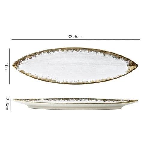 Elegant Japanese Ceramic Leaf Plate with Quicksand Texture and Gold Rim