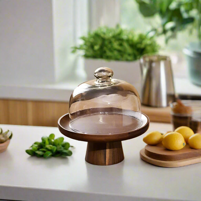 Elegant Acacia Wood Cake Stand with Shatterproof Acrylic Dome for Desserts, Fruits, and Charcuterie