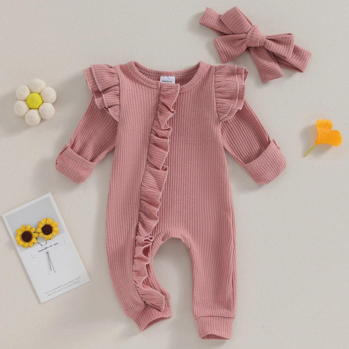 Autumn Ruffled Baby Girl Jumpsuit with Matching Bow Headband - Cozy Solid Color Romper for Newborns 0-12 Months