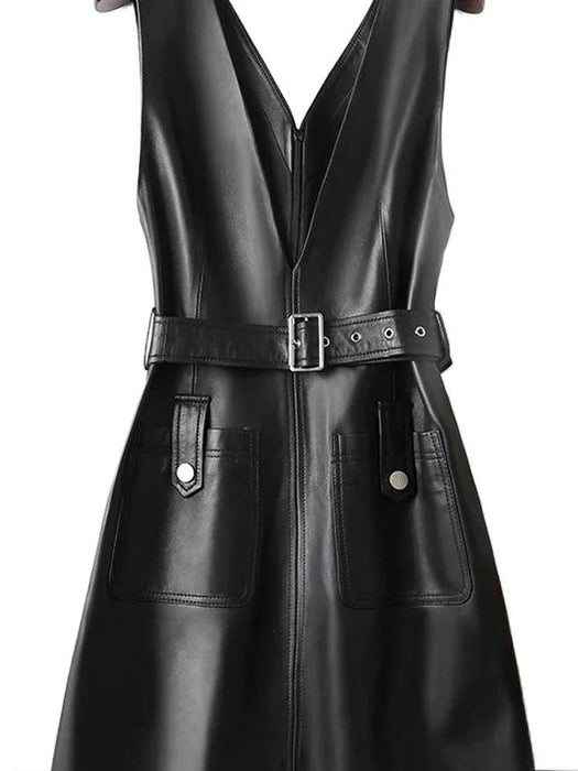 Chic Customizable Black Faux Leather Midi Dress with Pockets for Women - Perfect Bodycon Clubwear