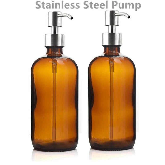 Set of 2 Stylish Amber Glass Soap Dispensers with Rust-Resistant Stainless Steel Pumps - 16 Oz