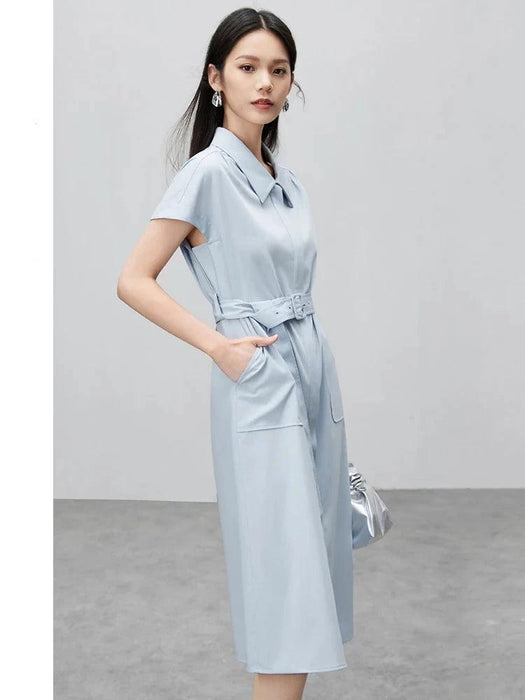 Chic Light Blue Polo Collar A-line Midi Dress with Belt and Pockets