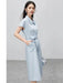 Chic Light Blue Polo Collar A-line Midi Dress with Belt and Pockets