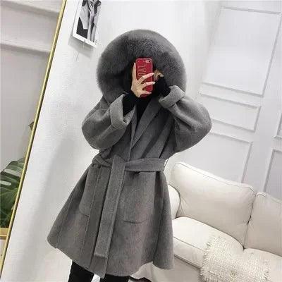 Elegant Women's Wool Blend Winter Coat with Fox Fur Trim and Cashmere Lining