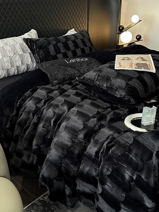 Luxury Black Plush Shaggy Bedding Set - 4 Piece Velvet Duvet Cover Collection