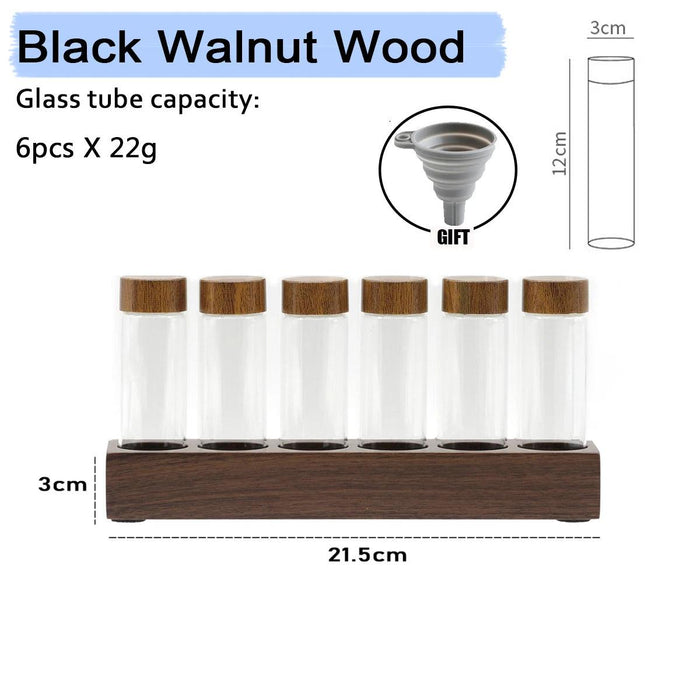 Elegant Coffee Bean Display Organizer with Glass Tubes and Walnut Base