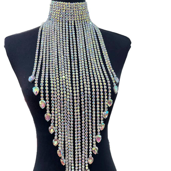 Radiant Rhinestone and Glass Gemstone Tassel Choker Necklace - Crystal AB Silver Elegance