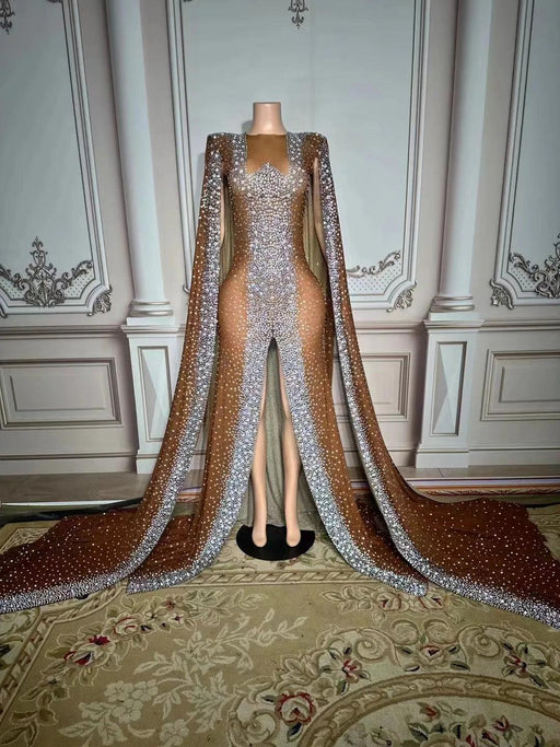 Glamorous Dubai-Inspired Rhinestone Cape Gown for Women