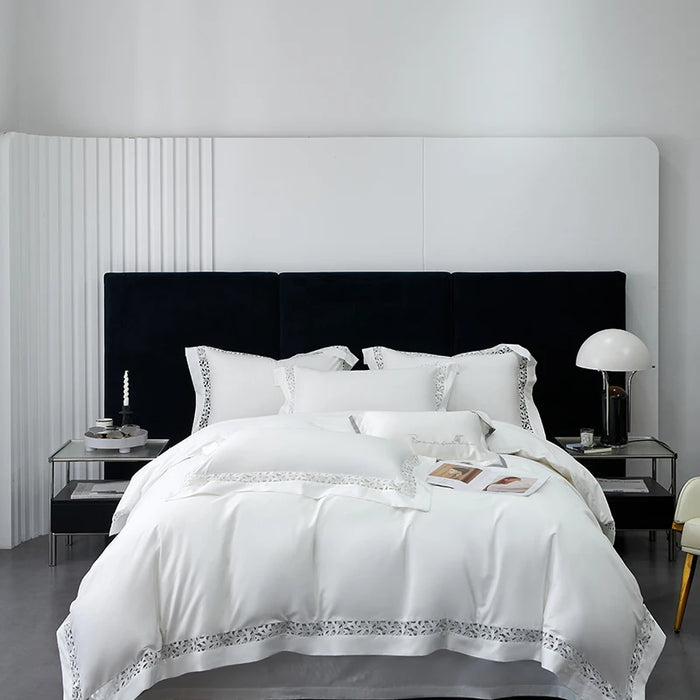 Exquisite 1200TC Egyptian Cotton Luxury Bedding Collection with Elegant Hollow Lace Trim, Duvet Cover, Flat & Fitted Sheets, and Pillowcases