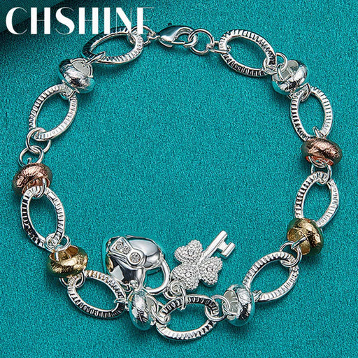 Glimmering Clover Flower Charm Zircon Pendant Bracelet in 925 Sterling Silver