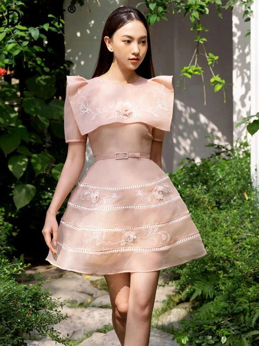 Elegant 3D Floral Square Collar Summer Evening Dress for Women - High Waist Gauze Design 2024 35Z356