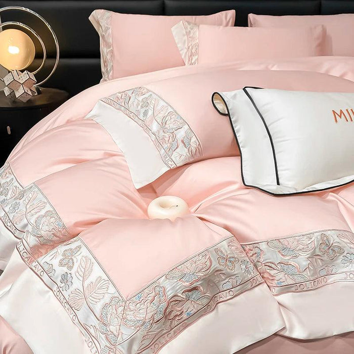 Luxury Rose Butterfly Embroidery 4-Piece Egyptian Cotton Bedding Set