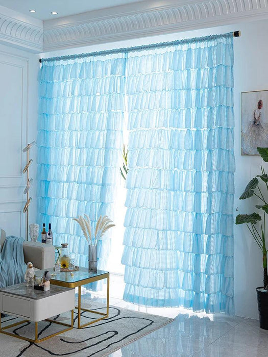 Elegant Blue Ruffled Semi-Blackout Curtains for Living Spaces and Girls' Rooms - Soft Tulle Drapes