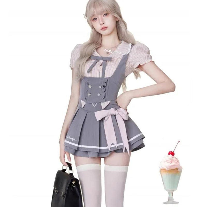 Whimsical Kawaii Dress Set with Elegant Lace Features and Chic Folded Top - Inspired by Japanese Campus Fashion