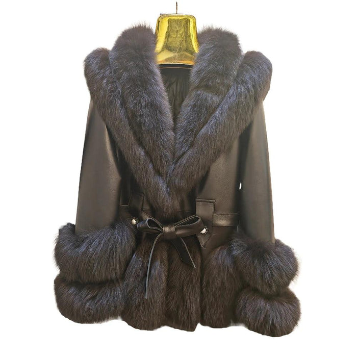 Luxurious V-neck Fox Fur and Sheepskin Winter Coat