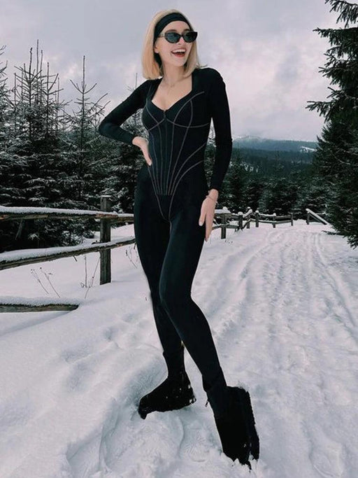 Chic Striped Long Sleeve Women's Jumpsuit with Deep V Neck and Zipper Closure